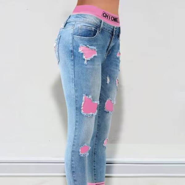 Fashion Colorblock Rolled Hem Distressed Cropped Jeans - Image 2