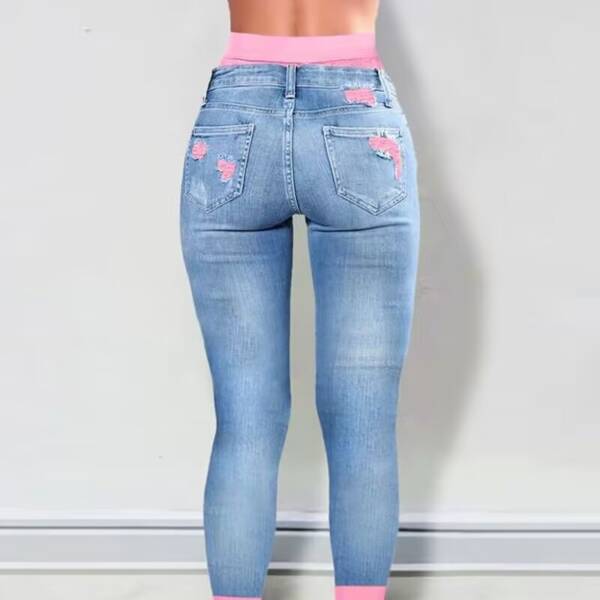 Fashion Colorblock Rolled Hem Distressed Cropped Jeans - Image 4