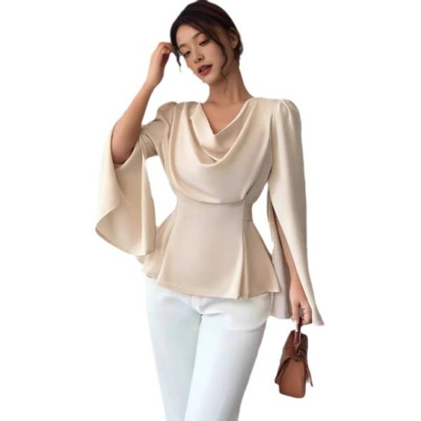 Women's Satin Flare Sleeve Waist Trimming Shirt - Image 5