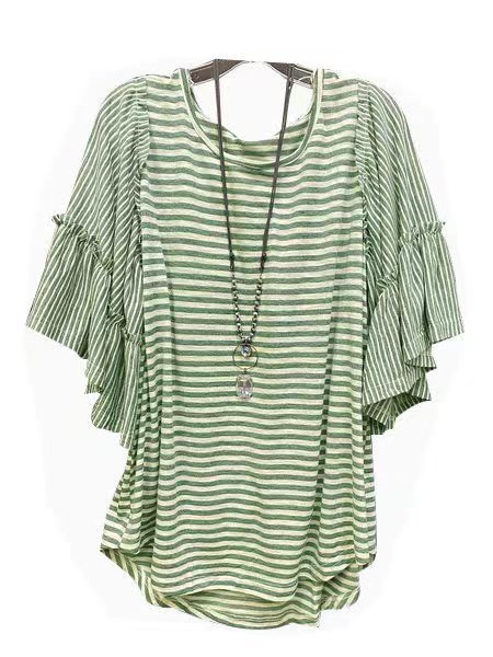 Women's Summer Round Neck Striped Stitching T-shirt Short Sleeve Top - Image 10