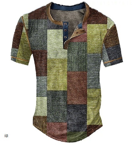 Men's Clothing Graphic Plaid Color Block Printed Men's Waffle Henley Shirt Short Sleeve - Image 9