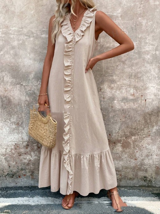 Solid Color Sleeveless Cotton Linen V-neck Swing Dress - Image 7