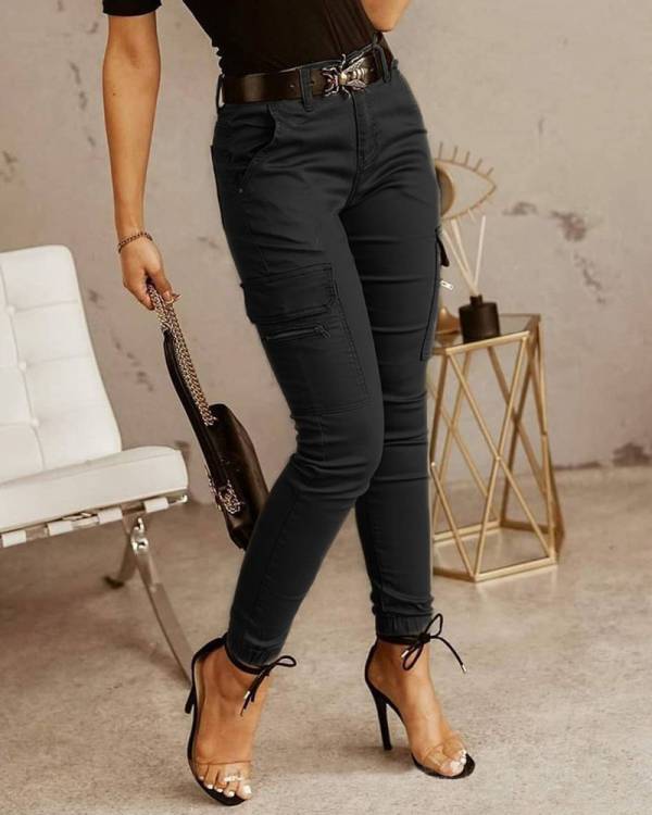 European And American Women's Trousers, Low-waisted Buttons, Solid Color Pockets - Image 4