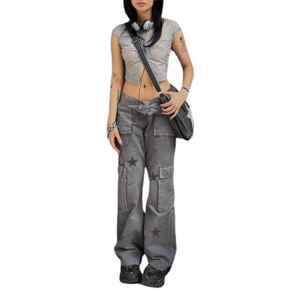 Street Retro Low Rise Denim Cargo Pants - Image 9