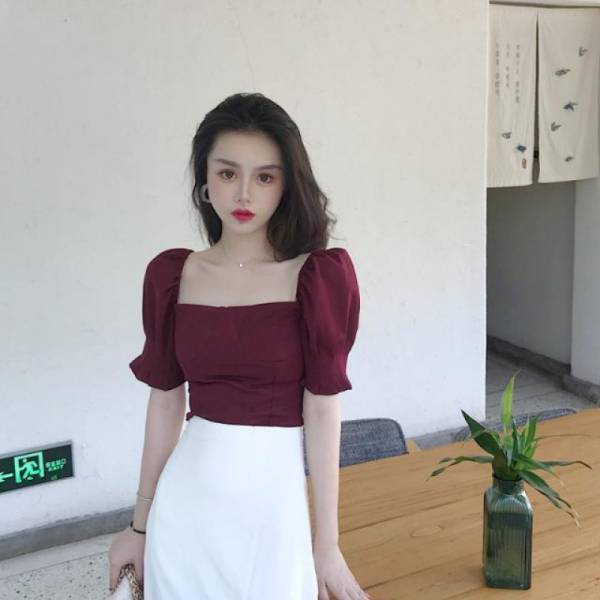 Court Style Square Collar Top High Waist Side Slit Skirt For Women - Image 4