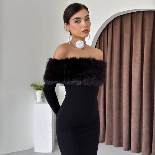 Off-shoulder Fur Collar Slim Fit Dress Women - Image 4