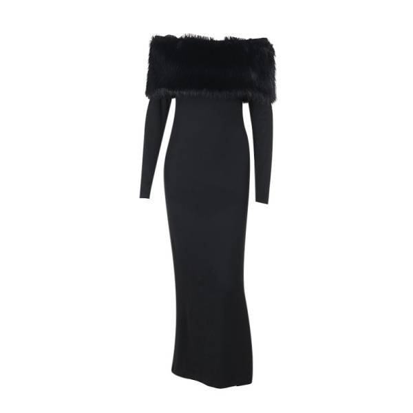 Off-shoulder Fur Collar Slim Fit Dress Women - Image 5