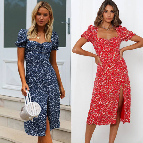 Independent Station Summer Hot Sale New Style Square Collar Lantern Sleeve Hem Slit Printed Dress Women