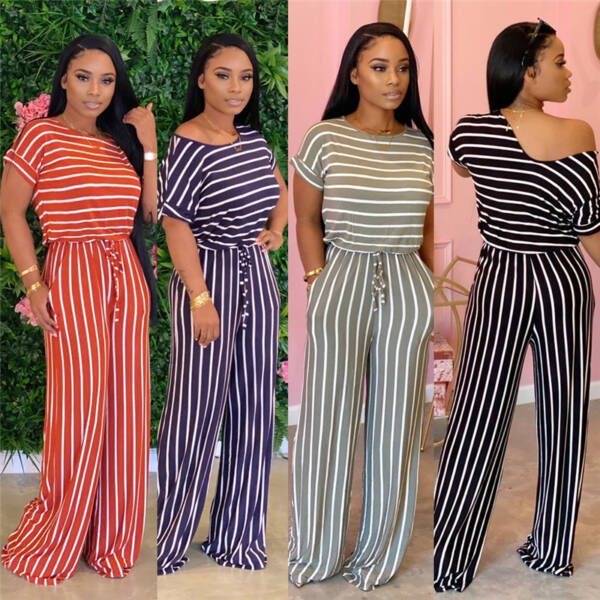 European And American Sexy Women's Loose Print Striped Jumpsuit - Image 4