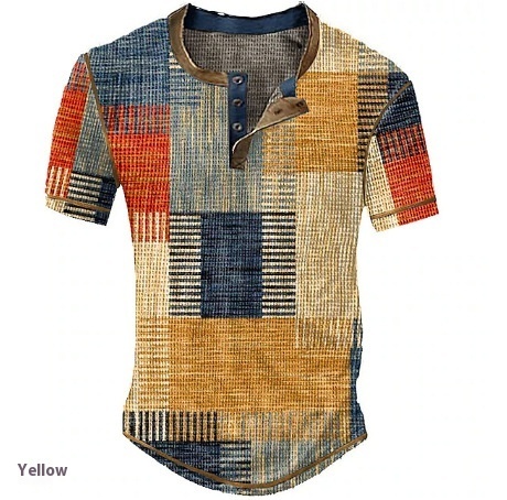 Men's Clothing Graphic Plaid Color Block Printed Men's Waffle Henley Shirt Short Sleeve - Image 6