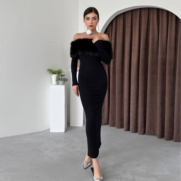 Off-shoulder Fur Collar Slim Fit Dress Women - Image 2