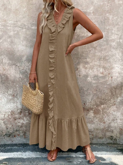 Solid Color Sleeveless Cotton Linen V-neck Swing Dress - Image 4