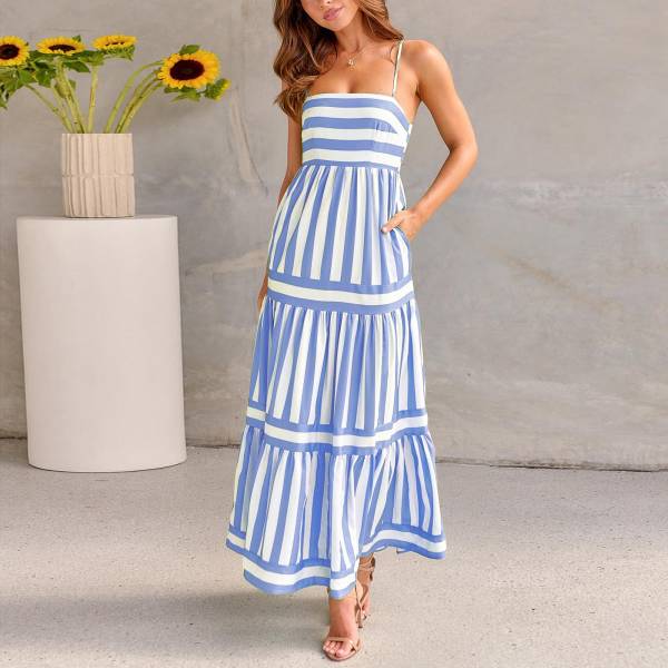 Summer Striped Printed Suspender Long Dress With Pockets Fashion Square Neck Backless Dresses For Beach Vacation Women Clothing - Image 2