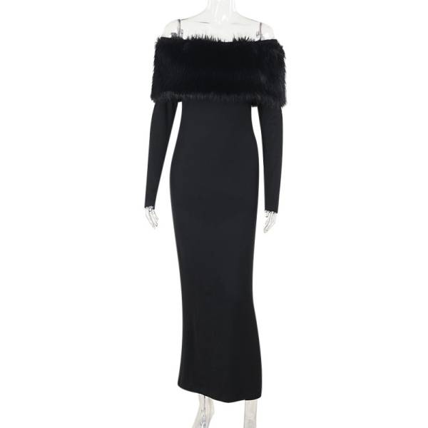 Off-shoulder Fur Collar Slim Fit Dress Women - Image 6