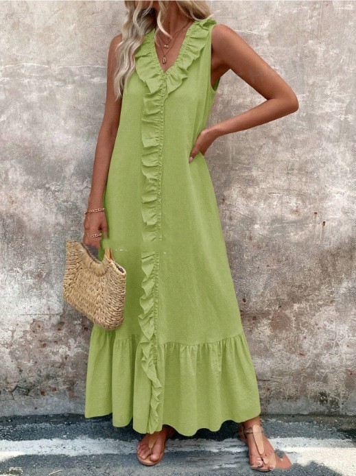 Solid Color Sleeveless Cotton Linen V-neck Swing Dress - Image 3