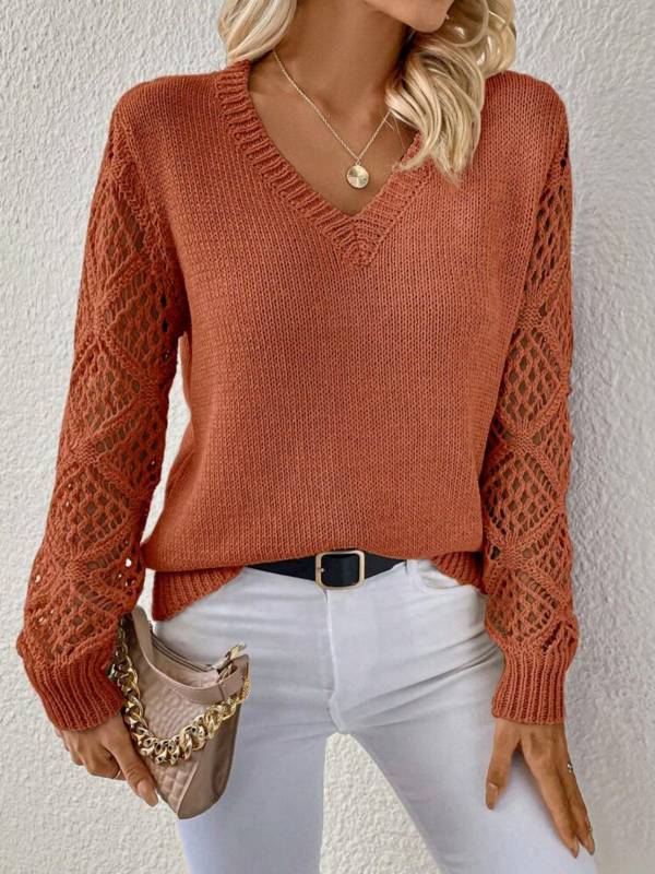 Solid V-neck Pullover Sweater With Hollow Long Sleeve Fashion Tops For Women Clothing - Image 7