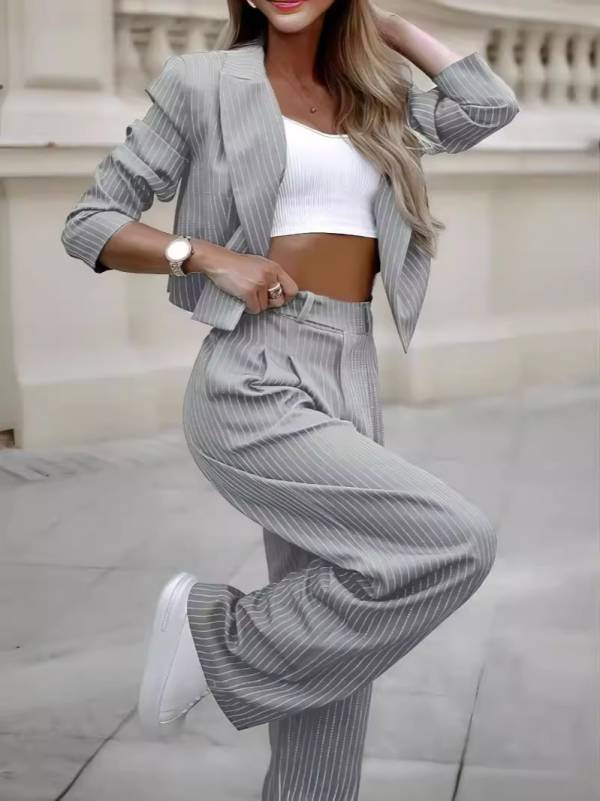 Fashion Striped Suits Casual Lapel Long Sleeve Cropped Top And Straight Pants Outfits Women's Clothing - Image 6