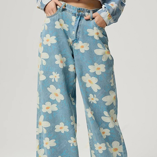 Vintage Flower Print Straight Jeans