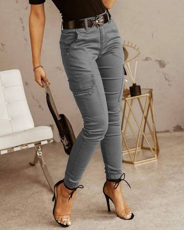 European And American Women's Trousers, Low-waisted Buttons, Solid Color Pockets - Image 5