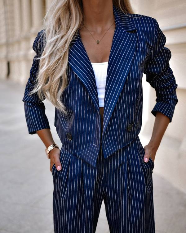 Fashion Striped Suits Casual Lapel Long Sleeve Cropped Top And Straight Pants Outfits Women's Clothing - Image 3