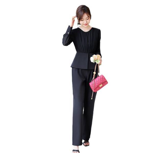 Stitching Ruffle Top Fashionable Wide Leg Pants Suit - Image 5