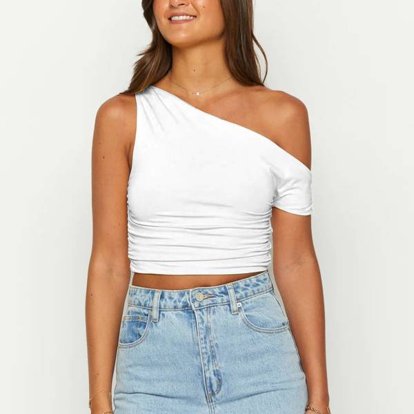 Slim One-shoulder Oblique Collar Crop Vest Summer Sexy Off-shoulder Pleated Irregular Top Womens Clothing - Image 5