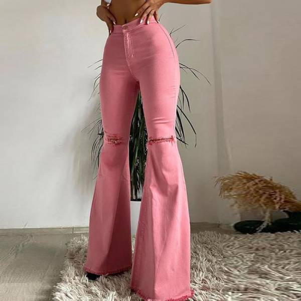 Colored Stretch Denim Trousers With Ripped Frayed Flared Trousers - Image 2