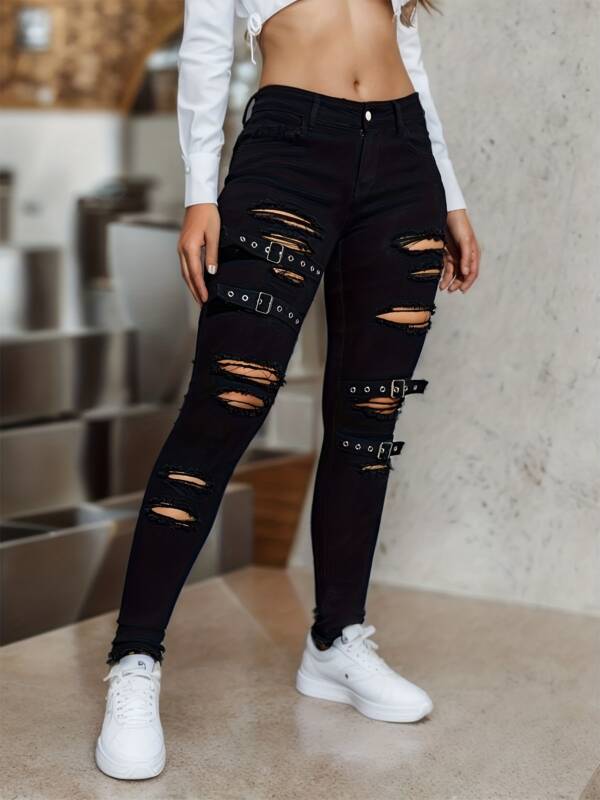 Black Tight Stretch Skinny Trousers Women's Ripped Denim Trousers - Image 9