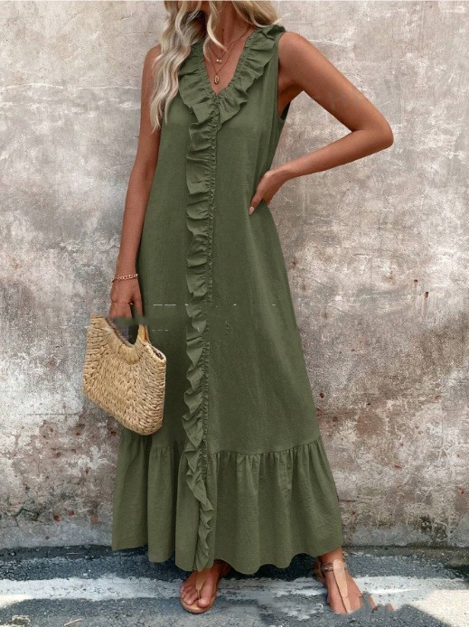 Solid Color Sleeveless Cotton Linen V-neck Swing Dress - Image 8