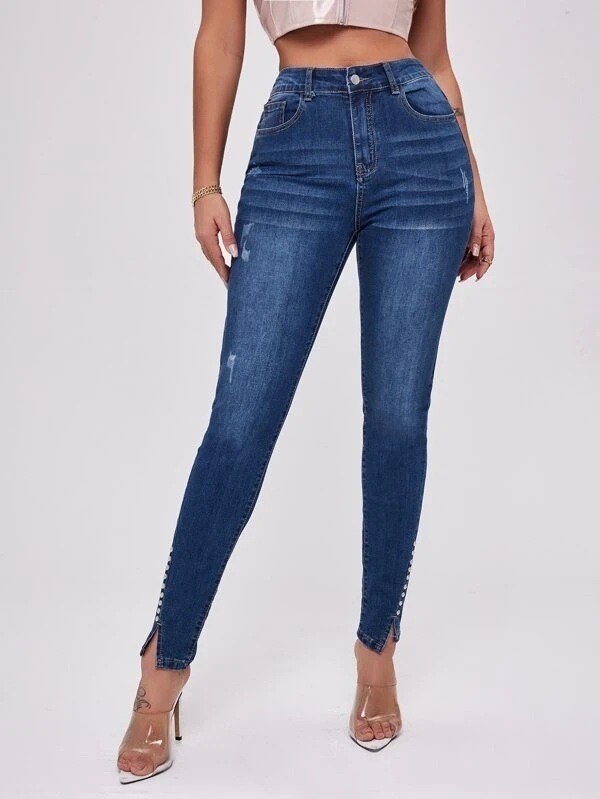 Slim Fit Patchwork High Waist Stretch Jeans - Image 8