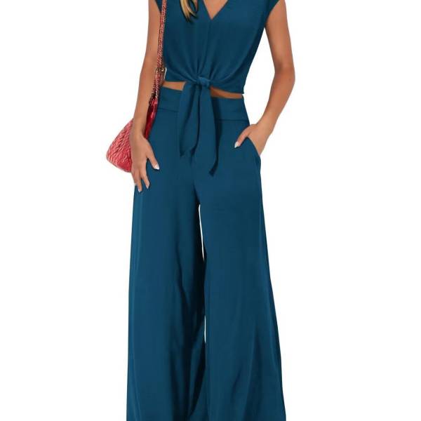 Short Top Wide Leg Pants Suit - Image 2