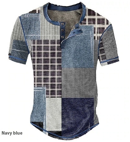 Men's Clothing Graphic Plaid Color Block Printed Men's Waffle Henley Shirt Short Sleeve - Image 8