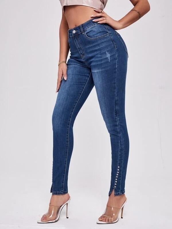 Slim Fit Patchwork High Waist Stretch Jeans - Image 10