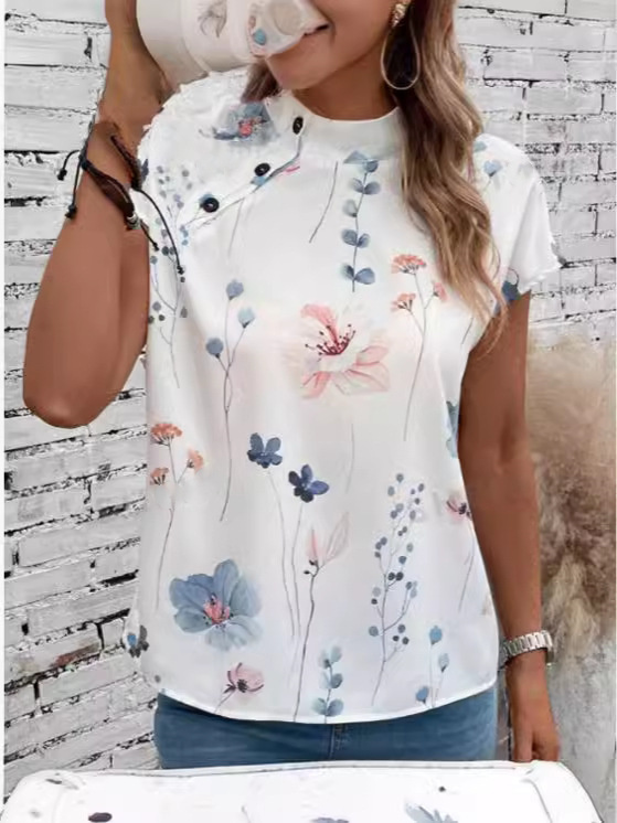 Women's Casual Stand Collar Short-sleeved Digital Printed Top T-shirt - Image 5