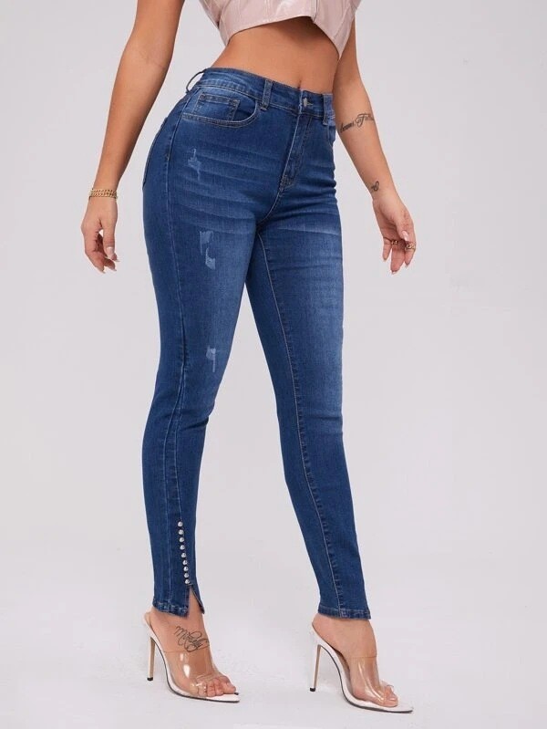 Slim Fit Patchwork High Waist Stretch Jeans - Image 9