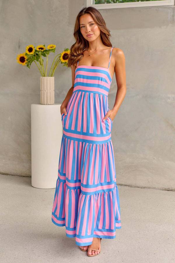 Summer Striped Printed Suspender Long Dress With Pockets Fashion Square Neck Backless Dresses For Beach Vacation Women Clothing - Image 5