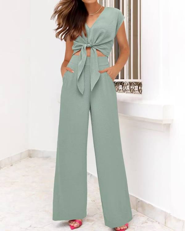 Short Top Wide Leg Pants Suit - Image 7