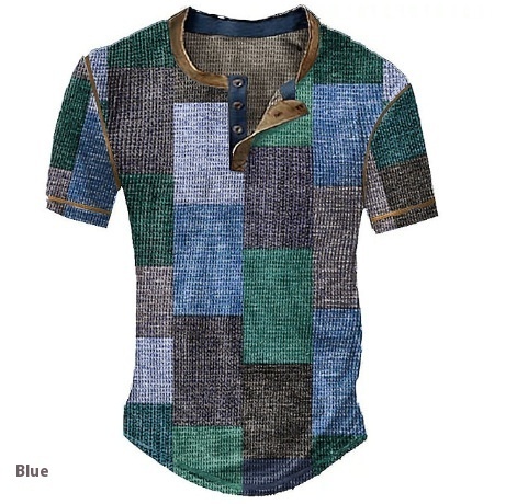 Men's Clothing Graphic Plaid Color Block Printed Men's Waffle Henley Shirt Short Sleeve - Image 10