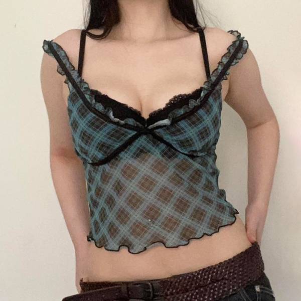 Plaid Lace Stitching Fake Suspenders Vest For Women Lace Suit - Image 3