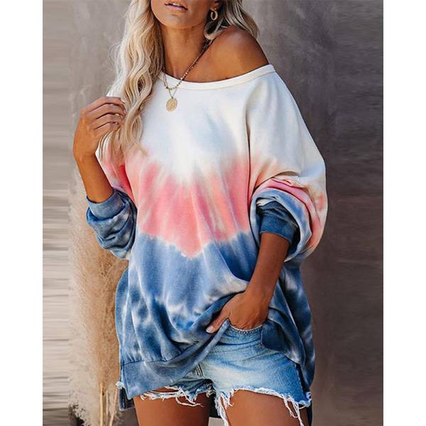 Women Printed Contrast Color Long-Sleeved Casual Loose Sweater - Image 3