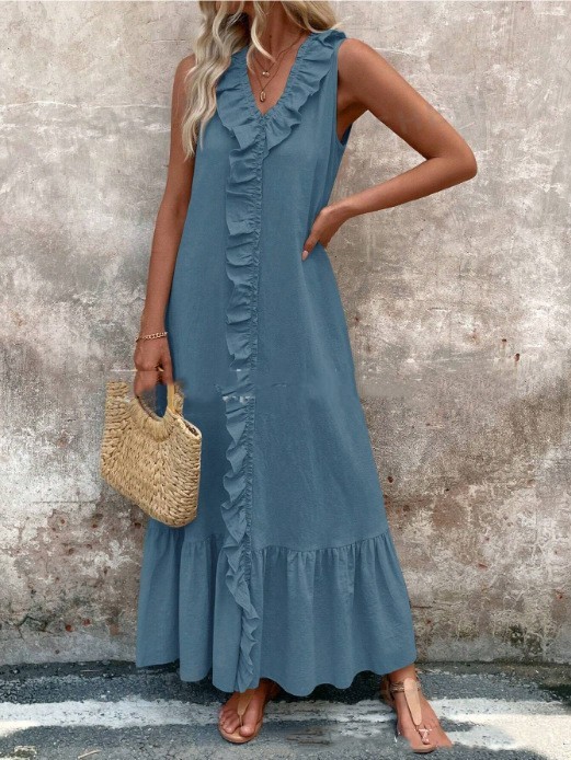 Solid Color Sleeveless Cotton Linen V-neck Swing Dress - Image 5