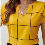 Plaid Print Notched Neck Blouse, Casual Short Sleeve Blouse For Spring & Summer, Women's Clothing