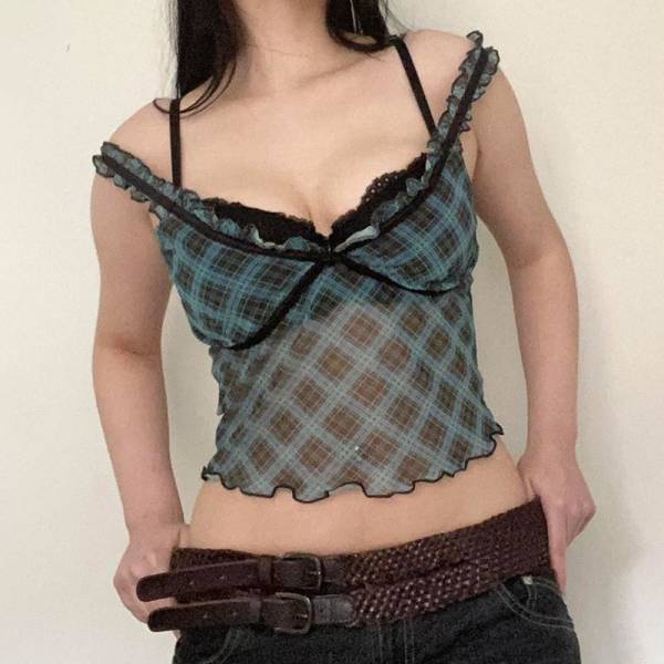 Plaid Lace Stitching Fake Suspenders Vest For Women Lace Suit - Image 2