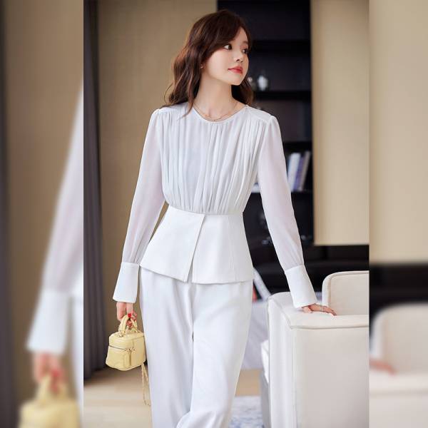 Stitching Ruffle Top Fashionable Wide Leg Pants Suit - Image 3