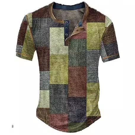 Men's Clothing Graphic Plaid Color Block Printed Men's Waffle Henley Shirt Short Sleeve - Image 4