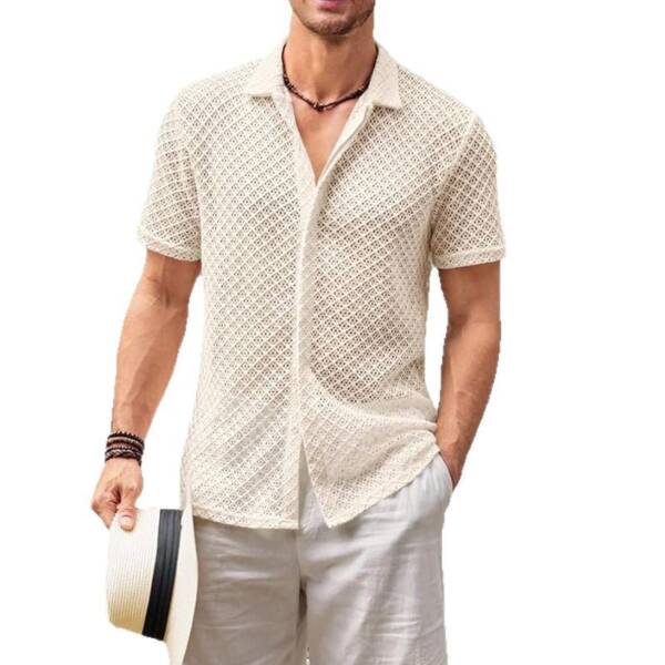 Fashion Solid Color Polo Collar Short Sleeve Mesh Shirt Men's Tops - Image 5