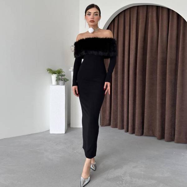 Off-shoulder Fur Collar Slim Fit Dress Women - Image 3