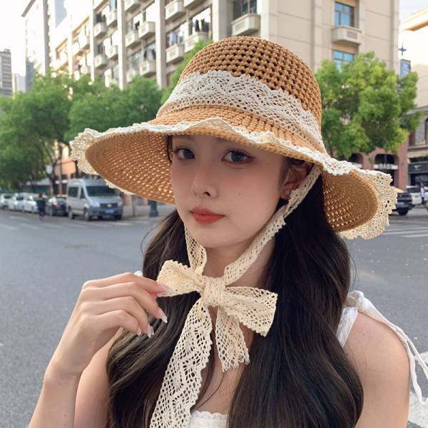 Lace String Color Woven Straw Hat Summer Versatile Outdoor Travel Beach Hat Cute Girl Ins Bucket Hat - Image 7