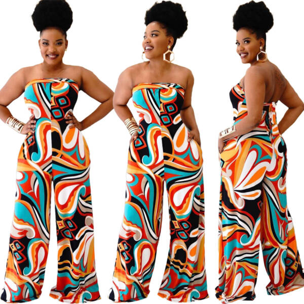 Women's Tube Top Halter Printed Jumpsuit Wide-leg Pants Plus Size Women's Clothing - Image 4