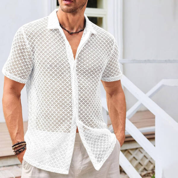 Fashion Solid Color Polo Collar Short Sleeve Mesh Shirt Men's Tops - Image 2